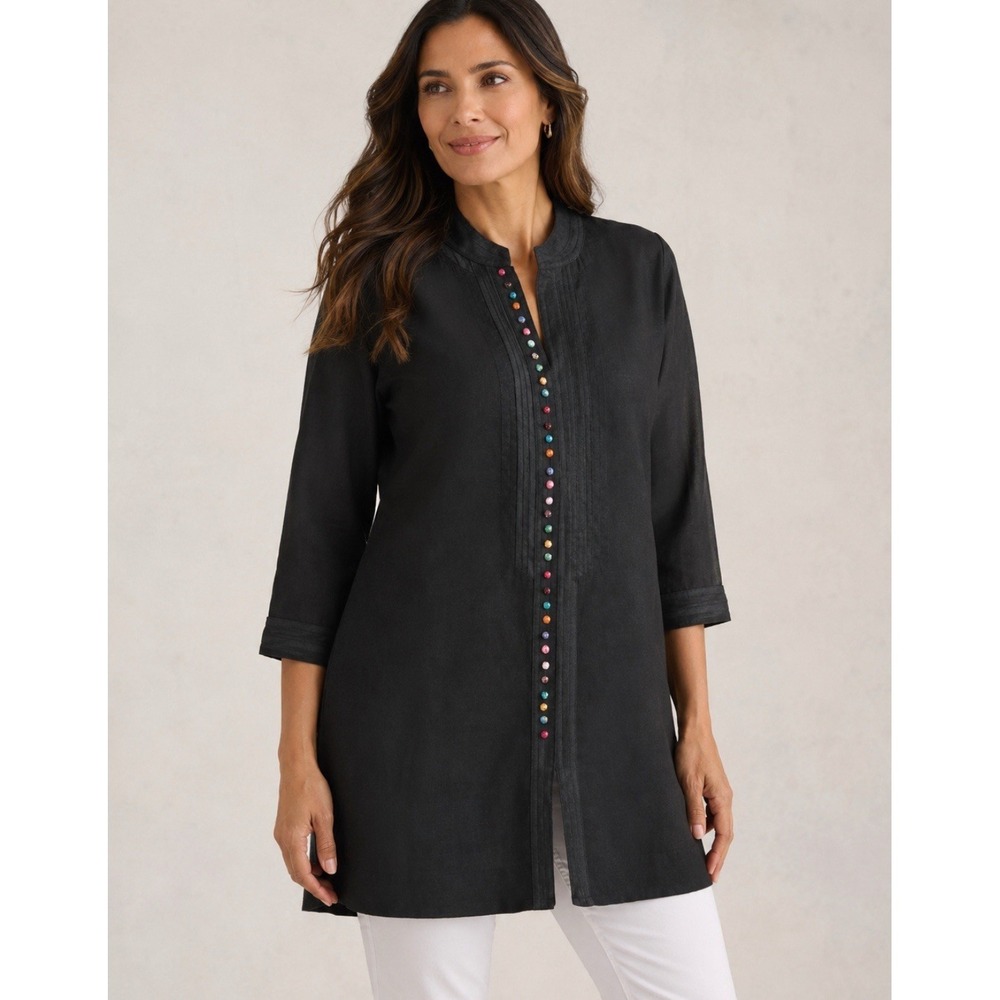 Soft Surroundings XS Black Desert Linen Full Zip Tunic Boho Lagenlook Oversized